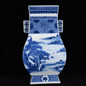 A Rare Blue and White Landscape and Figure Pattern Double-Ears Vase