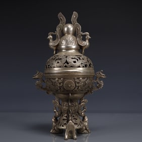 An Exquisite Silver-plated Bronze Dragon and Phoenix Pattern Double-Ears and Tripod Censer