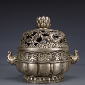 An Exquisite Silver-plated Bronze Dragon Pattern Elephant-Ears Censer