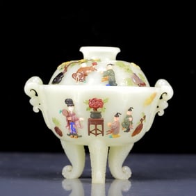 An Exquisite White Jade Inlaid Gems Character and Story Pattern Double-Ears and Tripod Censer