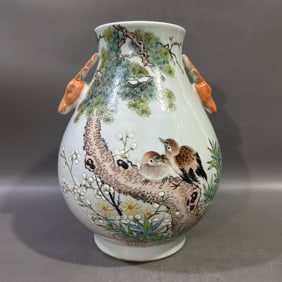 A Rare Light Crimson Color Flower and Bird Pattern Deer-Ears Vase,With Poem