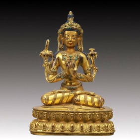 A Solemn Gilt Bronze Inlaid Gems White Statue of Tara