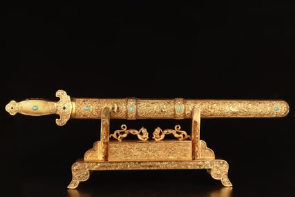 An Exquisite Gilt Bronze Dragon and Phoenix Pattern Sword, Inlaid Turquoise
