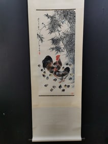 A Chinese Vertical Scroll Ink Painting of Bamboo and Rooster on Paper,Jiang Hanting