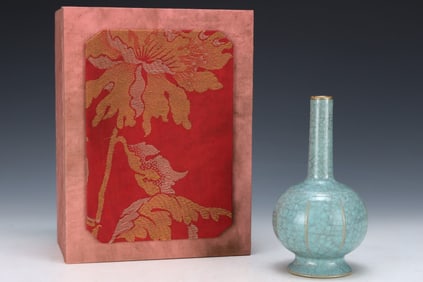 An Exquisite Ru yao Sky Blue Glazed Cover with Gold Vase