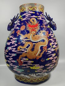 A Huge Ji Blue Glazed Famille-Rose Painted Gold Dragon and Phoenix Pattern Deer-Ears Vase