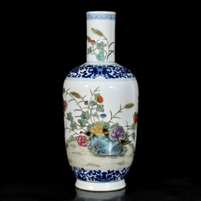 An Exquisite Blue and White Enamel Flower and Bird Pattern Vase