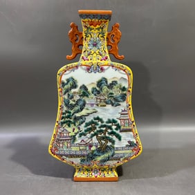 A Rare Famille-Rose Painted Gold Lotus,Landscape and Figure Pattern Double-Ears Vase