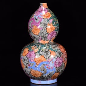 A Huge Ink Color Famille-Rose Flower and Dragon Pattern Painted Gold Gourd-Shaped Vase