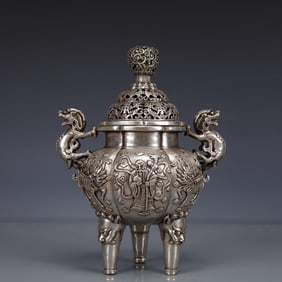 An Exquisite Silver-plated Bronze Figure and Kylin Pattern Double-Ears and Tripod Censer