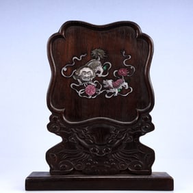 A Rare Zitanwood Inlaid Gems Lion Pattern Screen