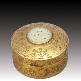 A Rare Gilt Bronze Inlaid White Jade Figure Pattern Cover Box