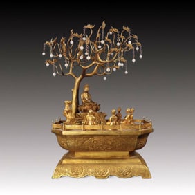A Rare Gilt Bronze Inlaid White Jade Buddha Statue Ornament