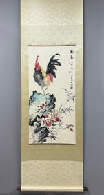 A Chinese Vertical Scroll Ink Painting of Flower and Rooster on Paper,Wang Xuetao