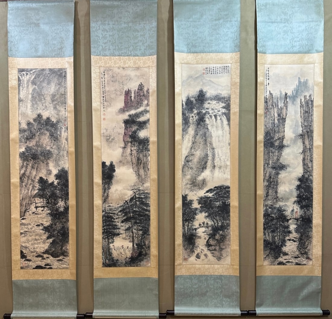 A Chinese Vertical Scroll Ink Painting of Landscape and Figure on Paper,Fu Baoshi: A Chinese Vertical Scroll Ink Painting of Landscape and Figure on Paper,Fu Baoshi,Without frame Size:13.4inx54.7in*4 一幅中国水墨山水人物