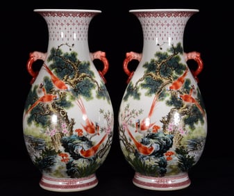 A Huge Famille-Rose Flower and Bird Pattern Double-Ears Vases,with Poem