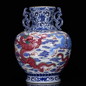 A Rare Blue and White Famille-Rose Painted Gold Auspicious Cloud and Dragon Pattern Double-Ears Vase