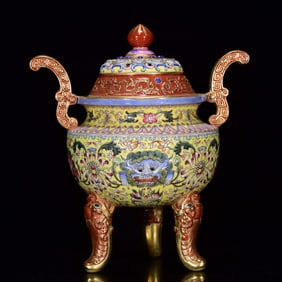 An Exquisite Enamel Gilt Lotus and Beast-Face Pattern Double-Ears and Tripod Censer