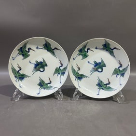 A Pair of Exquisite Doucai Crane Pattern Plates