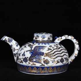An Exquisite Blue and White Painted Gold Lotus and Phoenix Pattern Ewer