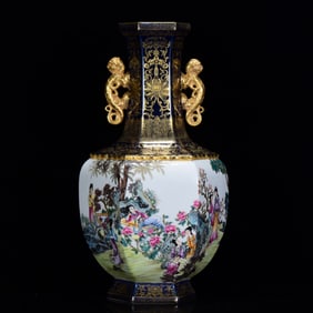 A Huge Ji Blue Glazed Famille-Rose Painted Gold Landscape and Figure Pattern Dragon-Ears Vase