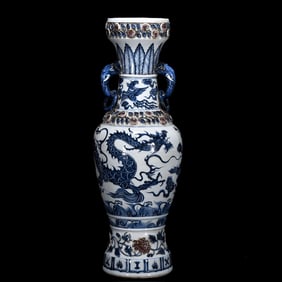 A Huge Blue and White Underglaze-Red Auspicious Cloud,Dragon and Phoenix Pattern Elephant-Ears Vase
