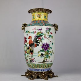A Huge Famille-Rose Inlaid Bronze Flower and Rooster Pattern Sheep-Ears Vase