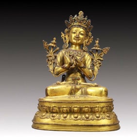 A Solemn Gilt Bronze Inlaid Gems Statue of Bodhisattva