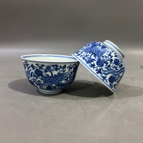 A Pair of Exquisite Blue and White Lotus and Phoenix Pattern Cups