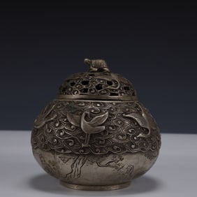 An Exquisite Silver-plated Bronze Crane Pattern Censer