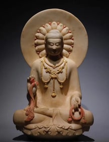 A Rare Marble Painted Color Statue of Sakyamuni