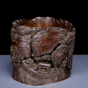 An Exquisite Zitanwood Character and Story Pattern Brush Pot