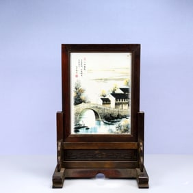 A Huge Zitanwood Inlaid Porcelain Plaques Landscape Pattern Table Screen, With poem