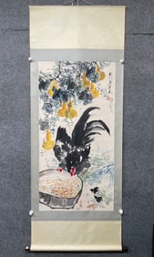 A Chinese Vertical Scroll Ink Painting of Gourd and Rooster on Paper,Tang Yun