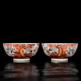 A Pair of Exquisite Enamel Pine and Crane Pattern Bowls