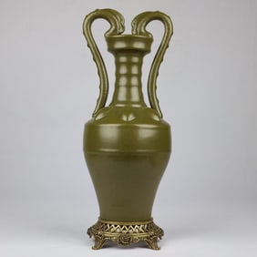 A Huge Teadust Glazed Inlaid Bronze Dragon-Ears Vase