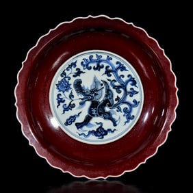 An Exquisite Ji Red Glazed Blue and White Lotus and Dragon Pattern Plate