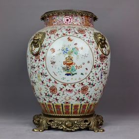 A Huge Famille-Rose Inlaid Bronze Bats and Peach Pattern Lion-Ears Jar