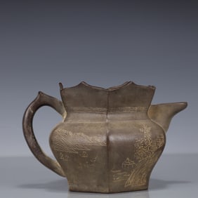 An Exquisite Purple Sands Landscape Pattern Teapot, With poem