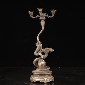 An Exquisite Silver-plated Copper Dragon Pattern Candlestick