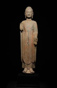 A Rare Qing zhou Painted Color Statue of Sakyamuni