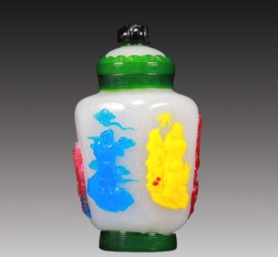 A Multi-Color Overlay White Glass 'Figure' Jar And Cover