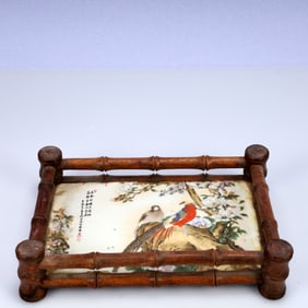 An Exquisite Huali wood Inlaid Porcelain Plaques Flower and Bird Pattern End Table