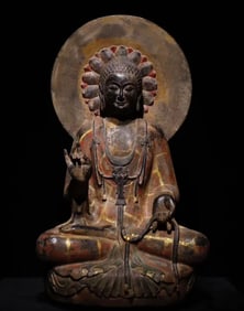 A Rare Limestone Painted Color Statue of Sakyamuni