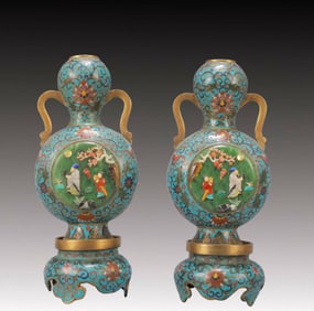 A Exquisite A pair of Cloisonne Lotus Pattern Character and Story Pattern Double-Ears Vase
