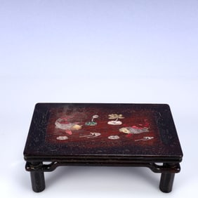 A Rare Zitanwood Inlaid Gems Lotus and Fish Pattern Table