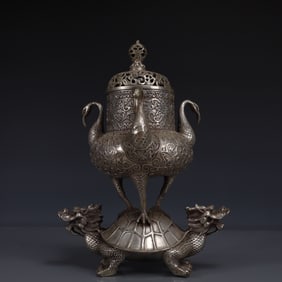 An Exquisite Silver-plated Bronze Turtle Crane Censer