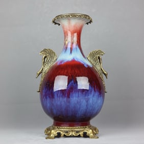 A Huge Flambe Glazed Inlaid Bronze Goose-Ears Vase