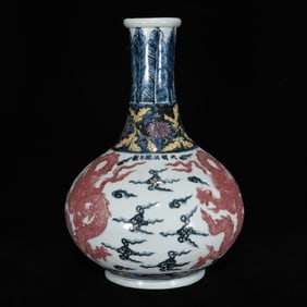 A Rare Blue and White Underglaze-Red Auspicious Cloud and Dragon Pattern Vase