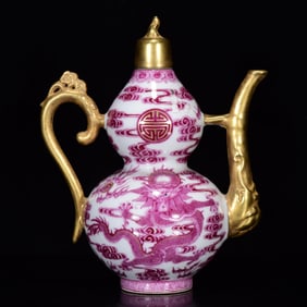 An Exquisite Ruby Red-Glazed Gilt Auspicious Cloud and Dragon Pattern Gourd-Shaped Ewer